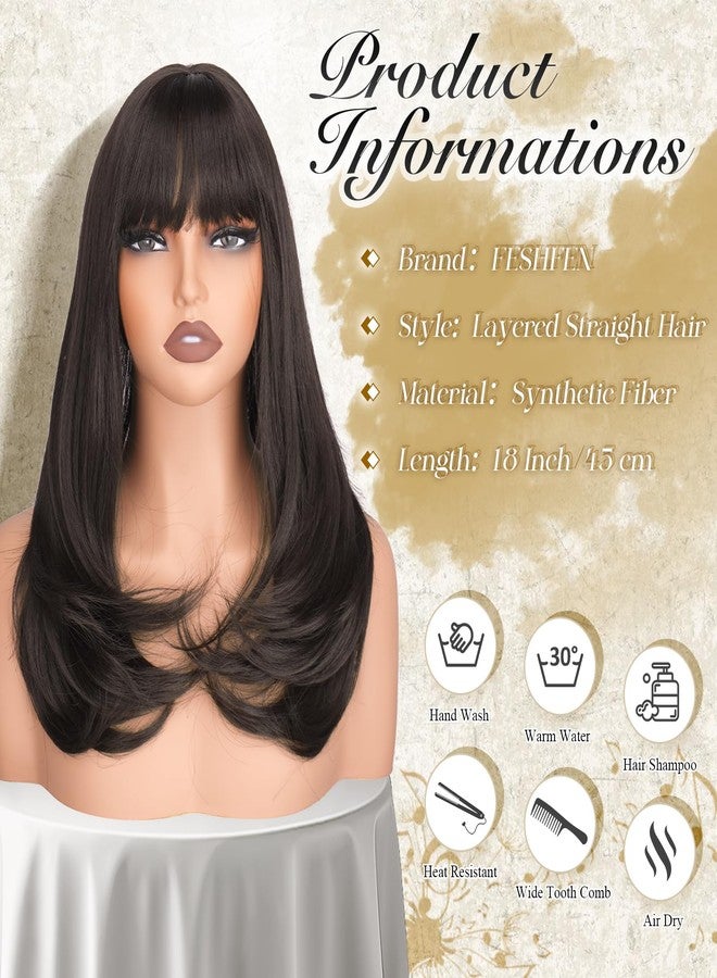 FESHFEN Long Wigs with Bangs, Synthetic Natural Looking Layered Straight Hair Wig for Women Daily Party Use 18 inch, Brown - Image 5